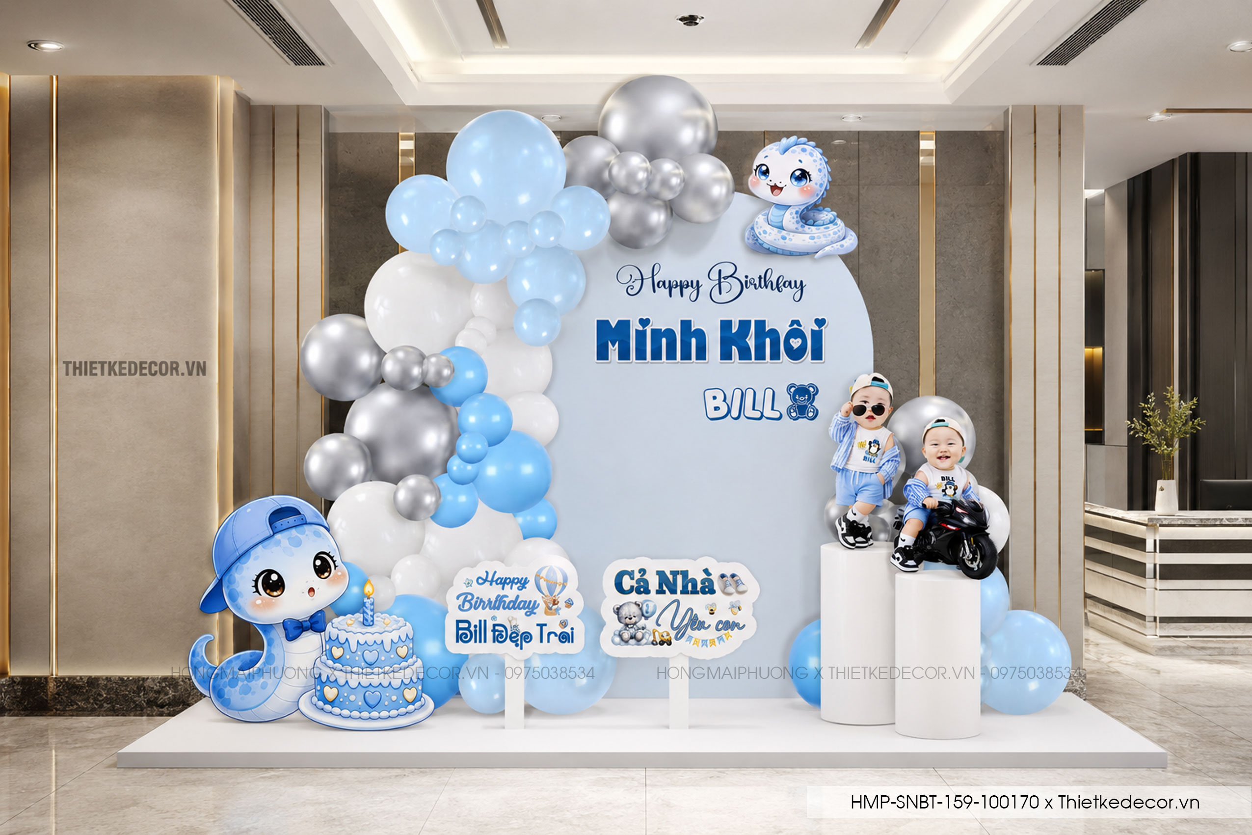 File thiết kế decor trang trí tiệc sinh nhật bé trai tuổi Rắn - Tỵ mix bong bóng cute dễ thương đáng yêu tone xanh dương
